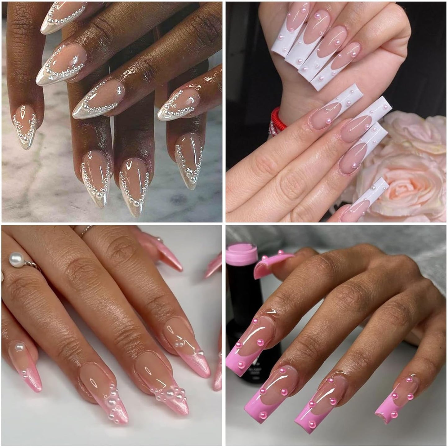 Nail Art Pearls with Glue Gel Flatback Pink Red 4 Colors Nail Charms Pearls Mixed Size 0.03-0.18in Nails Gems Pearl Accessories for Women Nails Design Decoration