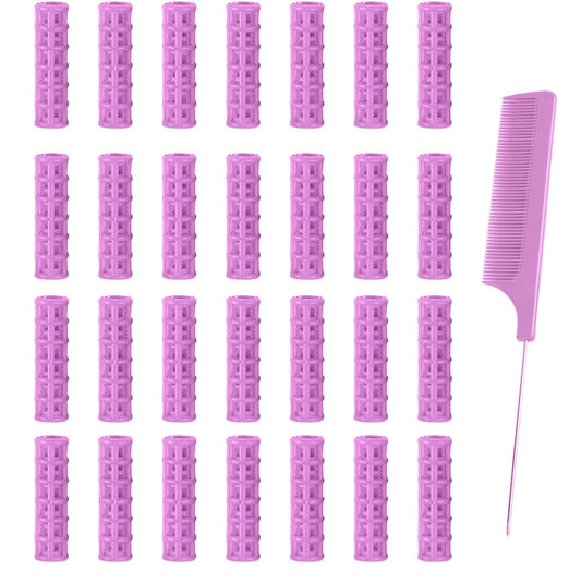 28PCS Self Grip Small Hair Rollers Set, 0.6in Plastic No Heat Roller Hair Curlers with Comb Heatless Clips for Short Fine Thin Hair(Purple)