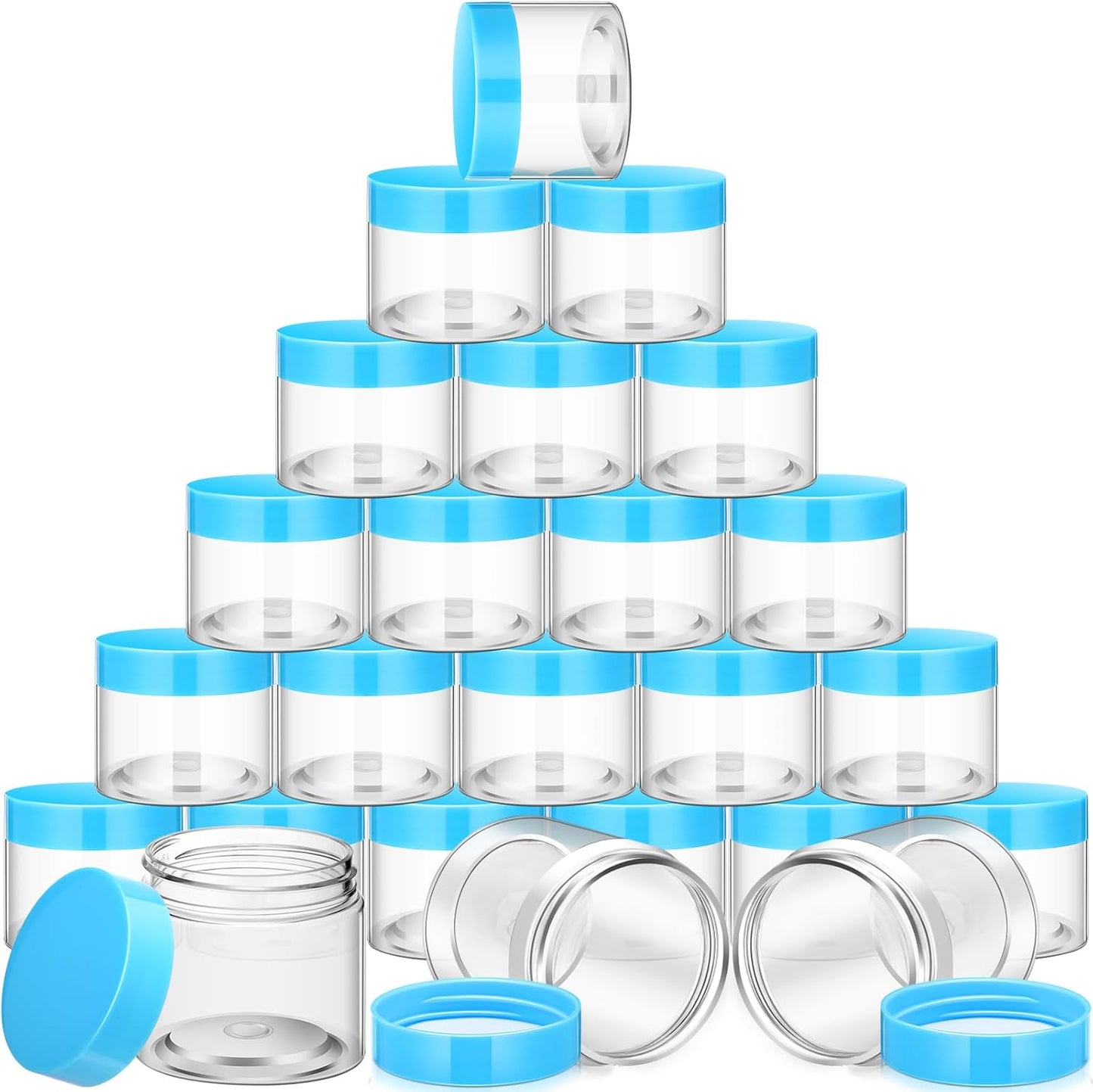 SATINIOR 24 Pieces Empty Clear Plastic Jars with Lids Round Storage Containers Wide Mouth for Beauty Product Cosmetic Cream Lotion Liquid Butter Craft and Food(Blue Lid,4 oz)
