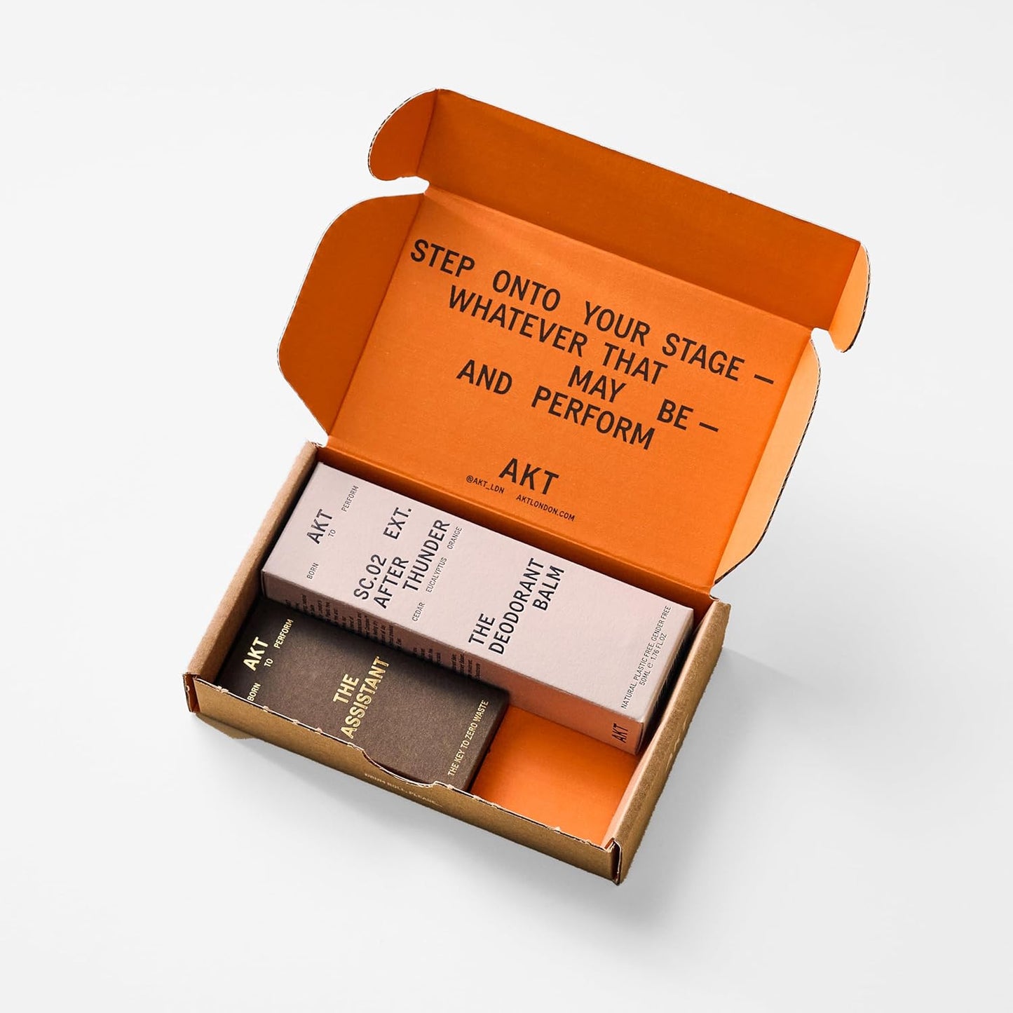 AKT, THE DEODORANT BALM. Award winning, multi-use, natural deodorant. Plastic Free. Gender Free. Aluminium Free. 100% effective — 1 tube lasts up to 3 months. SC.02 AFTER THUNDER. 50ml/1.76 FL.OZ