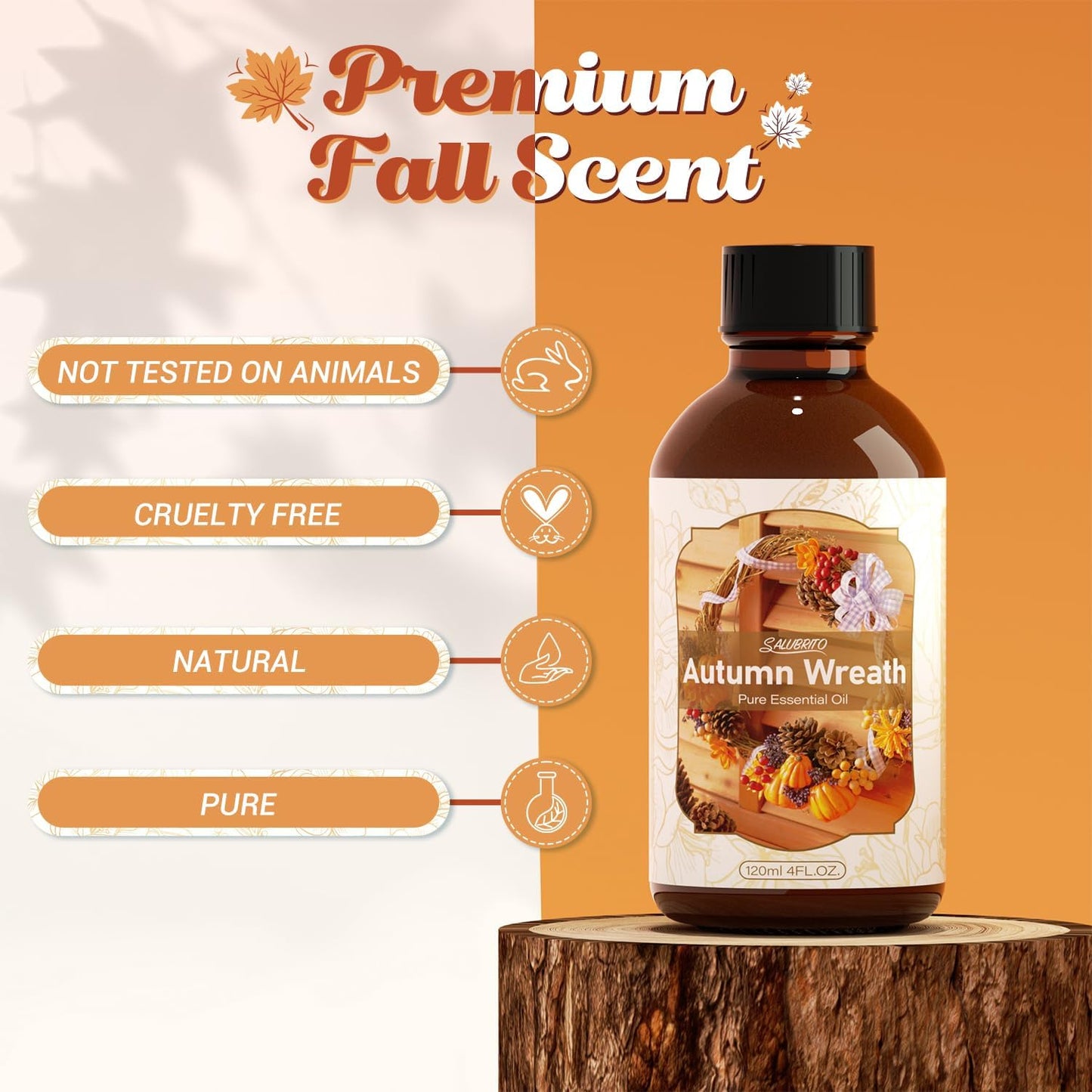 SALUBRITO Fall Essential Oil 4 Fl.Oz (120ml) - Autumn Wreaths Fragrance Oil, Strong Scented Autumn Scented Oil for Diffuser, Candle, Soap Making, Massage