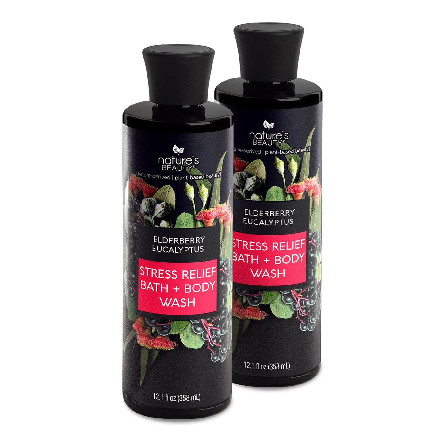 Nature's Beauty Elderberry Eucalyptus Stress Relief Body Wash Multi-Pack - Gentle Bath + Body Cleanser, Restore Skin Made w/Shea Butter, Avocado Oil, and Sweet Almond Oil, 12 fl oz (2 Pack)