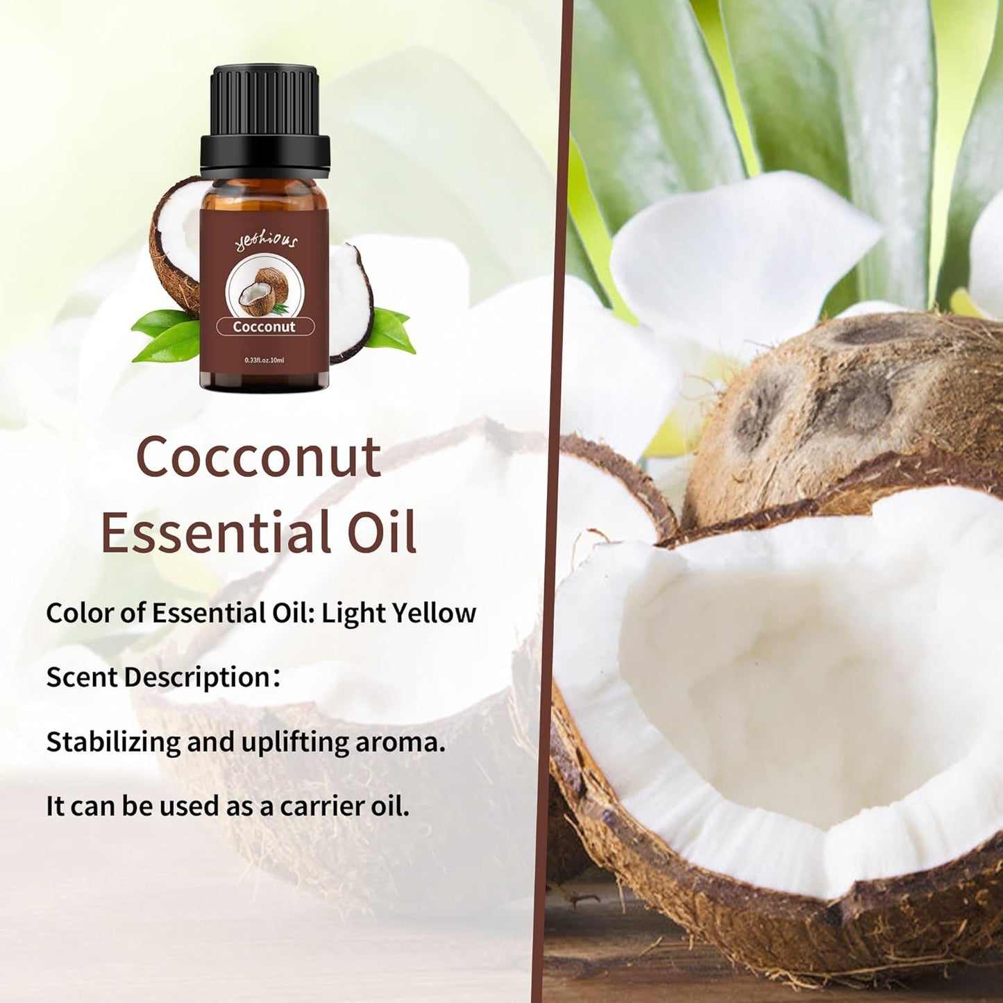 yethious Vanilla Coconut Essential Oil Set Coconut Oil Organic Vanilla Essential Oils for Soap Making, Diffuser, Skin Hair Care - 2 x 10ML