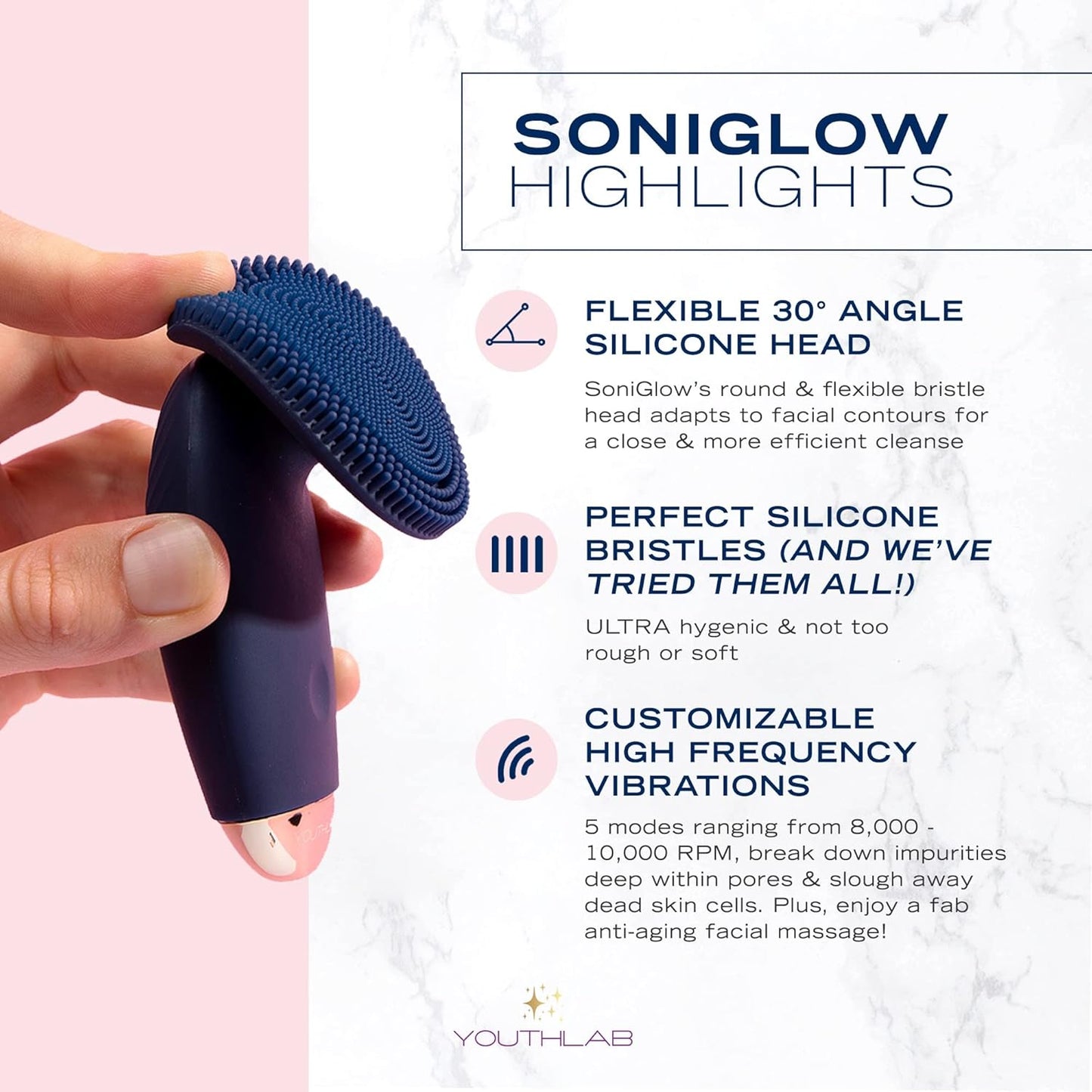 SoniGlow Silicone Facial Cleansing Brush – Electric Vibrating Skincare Scrubber Tool for Deep Pore Cleansing, Gentle Massage, Makeup Removal, Waterproof and Rechargeable (Navy)
