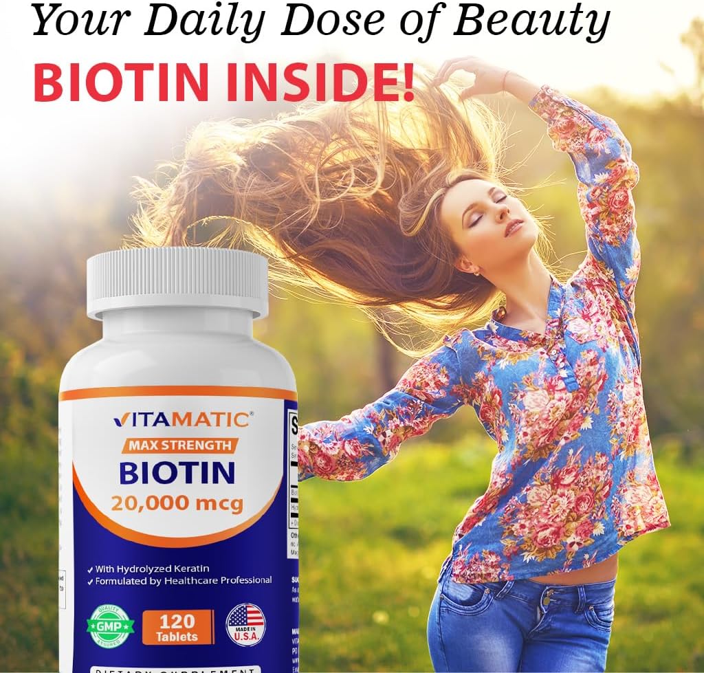 Vitamatic High Potency Biotin 20000 mcg (20mg) with Keratin 100mg - 120 Vegetarian Tablets - Biotin Supplements for Healthy Hair Skin & Nails for Adults (120 Count (Pack of 1))