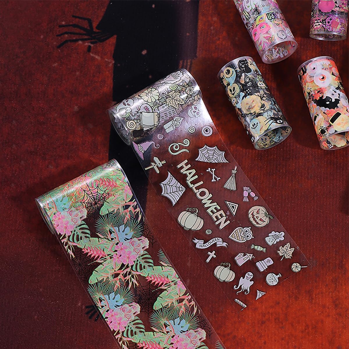 Halloween Nail Art Foils Transfer Stickers Halloween Nail Art Stickers Decals 10Rolls Pumpkin Spider Web Ghost Spider Nail Foils Adhesive Decals Nail Supplies for Women Holiday DIY Manicure Decoration