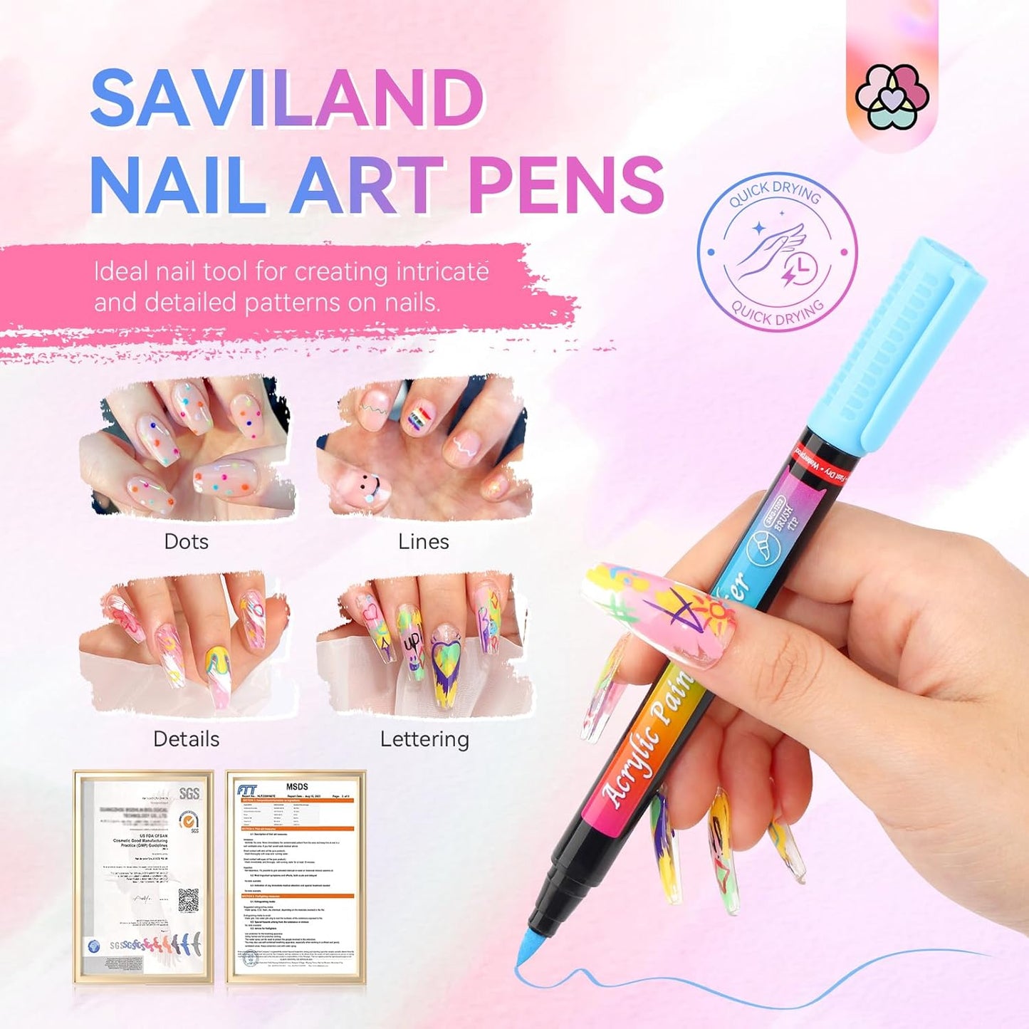 SAVILAND Nail Art Pens Set: 12 Colors Quick Drying Acrylic Paint Markers 3D Nail Polish Pens for Nail Art Color-fast Nail Point Dotting Drawing Painting Liner Pens Nail Art Design Tools Kit Home DIY