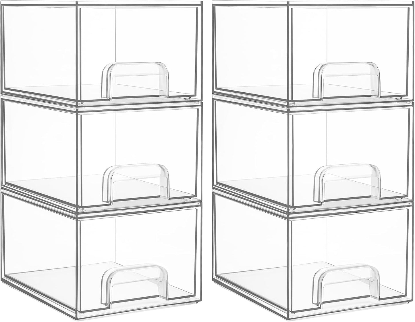 Vtopmart 6 Pack Clear Stackable Storage Drawers, 4.4'' Tall Acrylic Bathroom Makeup Organizer,Plastic Storage Bins For Vanity, Undersink, Kitchen Cabinets, Pantry, Home Organization and Storage