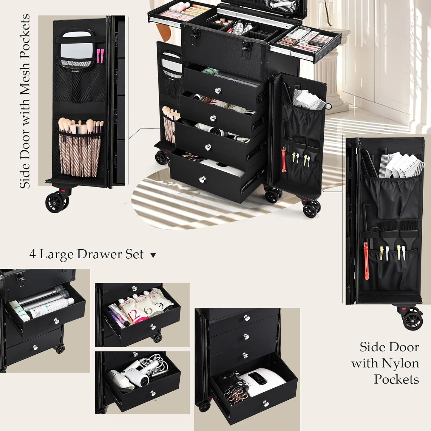 Joligrace Professional Rolling Makeup Case 4 Drawers Pro Makeup Artist Cosmetic Train Case Hairstylist Travel Case Portable Make Up Station with Multiple Compartments Extra Large - Black