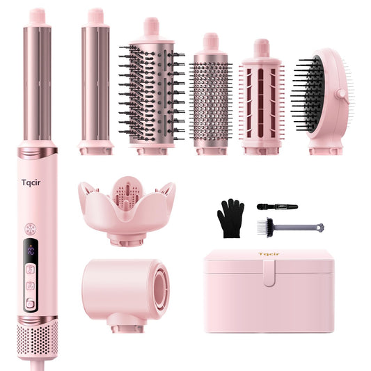 8-in-1 Professional Hot Air Styler&Hair Dryer Brush, Powerful Multi-Styler with Auto-Wrap Curler with Storage Case, Fast Drying Curling Straightening Volumizing Without Heat Damage(Pink)
