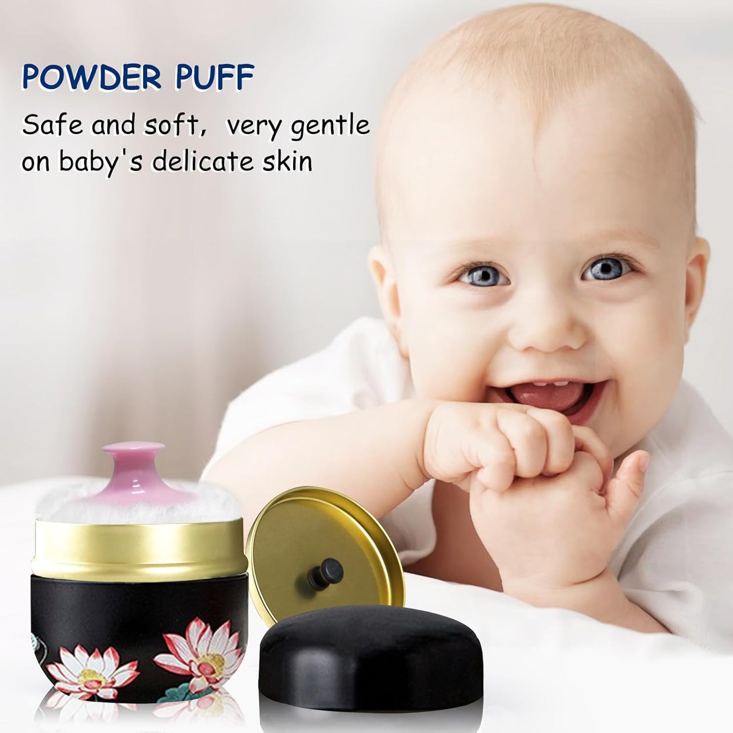 Body Powder Puff and Container for Dusting Powder, Women Powder Puff and Powder Case for Bath and Travel (Lotus)