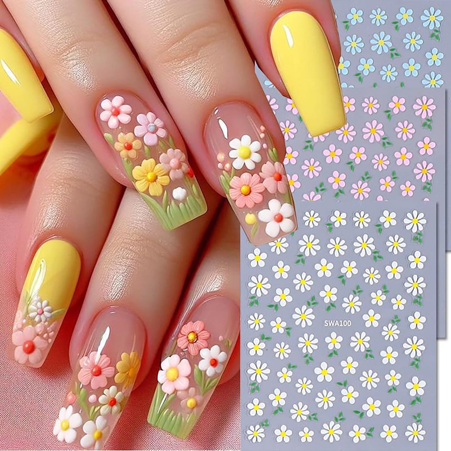 6 Sheets Flower Nail Art Stickers Daisy Nail Art Decals 3D Self-Adhesive Spring Nails Sticker Holographic Pink Blue White Blossom Nails Decal Decoration for Women Floral Manicure Supplies