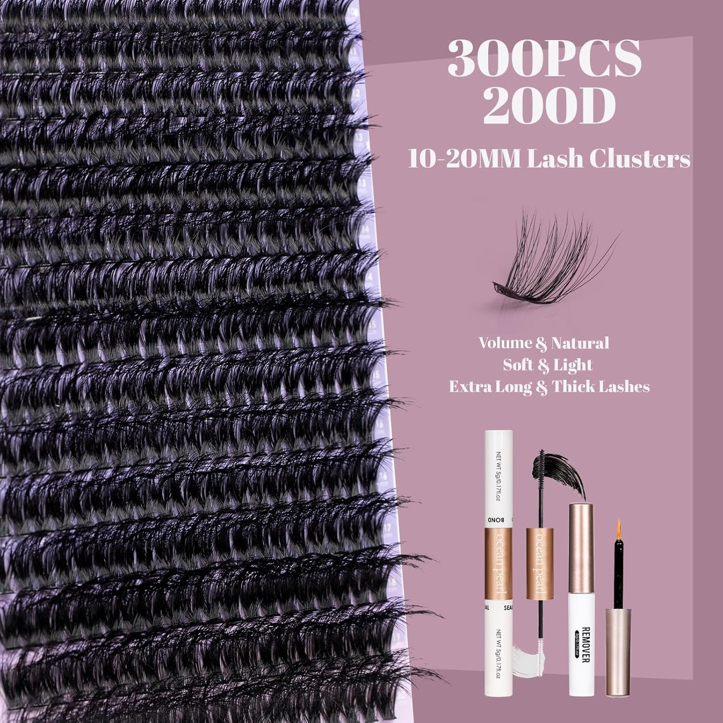 Ocean Pearl Lash Clusters 10-20mm 200D 300PCS Lashes DIY Lash Clusters Kit Individual Lashes Cluster Eyelash Extensions Natural Eyelashes DIY Eyelash Extension Kit with Bond+Seal+Remover+Tweezer-200D