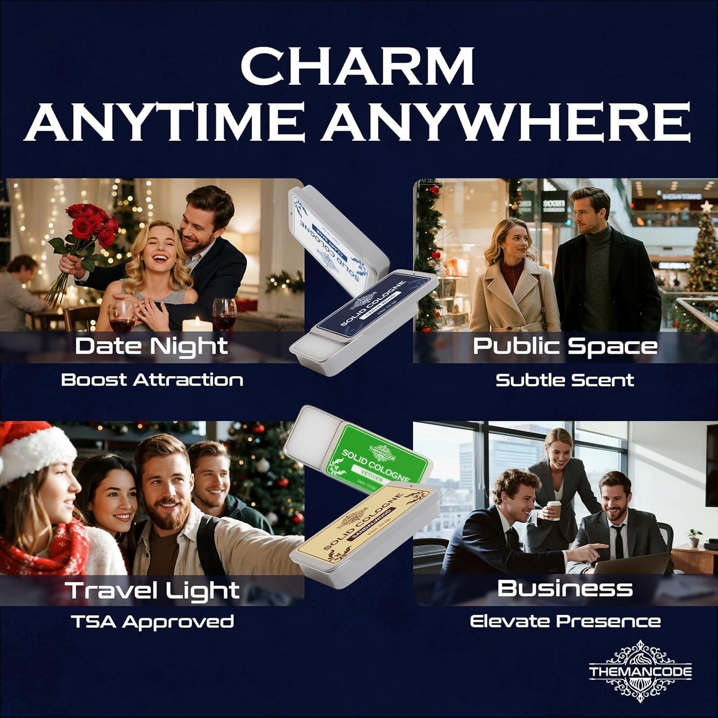 Solid Cologne for Men, Stocking Stuffers, Gifts for Men, Sandalwood, Vetiver, Cedarwood, Sage Scents, 4 Pack