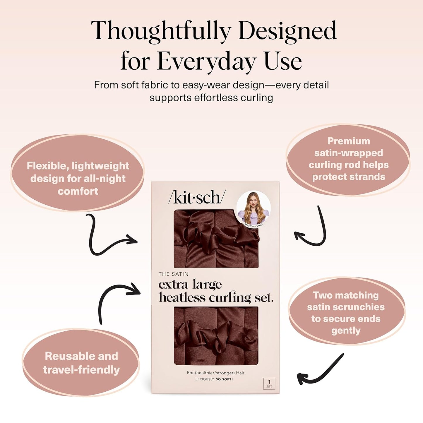 Kitsch XL Satin Heatless Curling Set – Heatless Hair Curler for Women, Hair Curler to Sleep In - with 2 Satin Scrunchies for Overnight Curls – No Heat Damage Styling with Heatless Curler - Chocolate