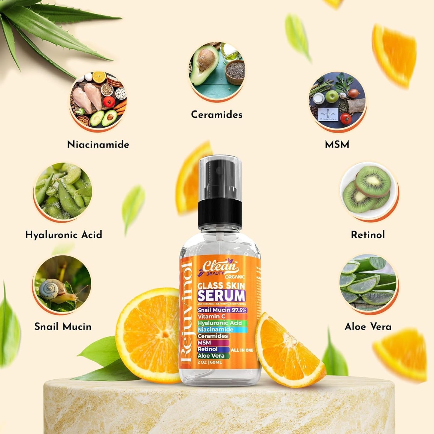 Clean Beauty Snail Mucin Serum Vitamin C Face Serum Anti Aging with Hyaluronic Acid Niacinamide Retinol MSM Aloe Vera & Ceramides, Korean Skin Care Dark Spot Remover for Glowing Skin Beauty, Pack of 1