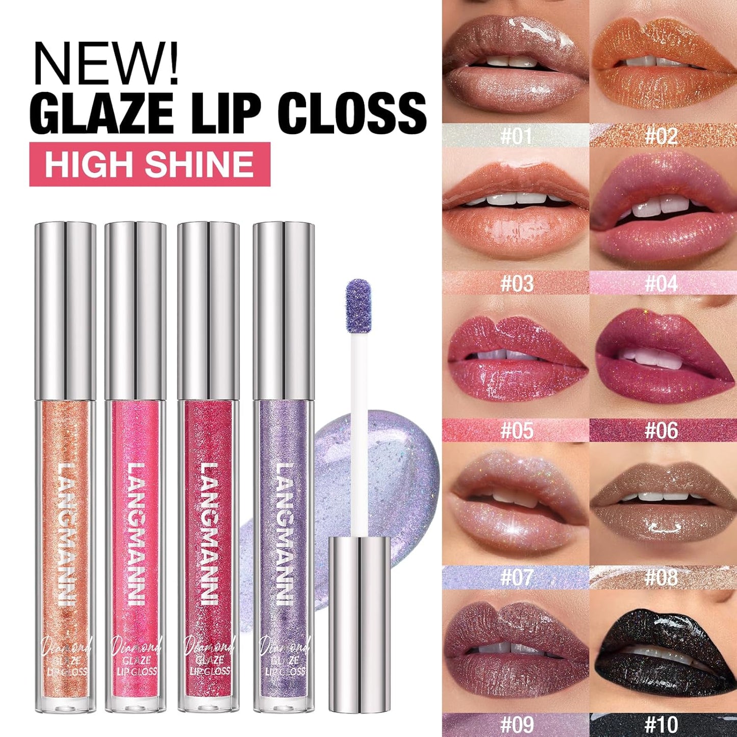 LANGMANNI 2 Colors Diamond Glitter Lip Gloss Set,Long Lasting High Shine Shimmer Liquid Lipstick Set,Hydrating,Moisturizing Lip Gloss Kit Gift Makeup For Girls(#03+04)