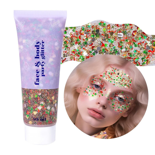 DAGEDA Body Glitter Gel, Face Glitters Body Gel Sequins Shimmer Liquid Eyeshadow, Chunky Glitter for Face Hair, Holographic Cosmetic Laser Powder Festival Glitter Makeup1.7oz (Christmas)