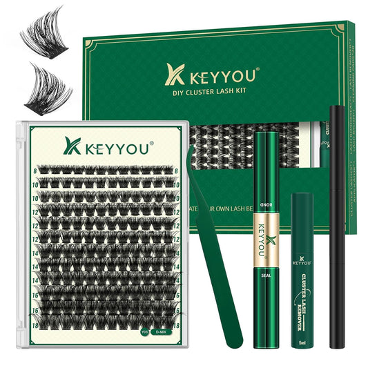 DIY Lash Extension Kit KEYYOU 144pcs Lash Clusters Eyelash Extension Kit with Mascara Brush Bond and Seal Lash Glue Remover Lash Applicators Lash Brush for DIY Lash Extensions (Y03 Kit)