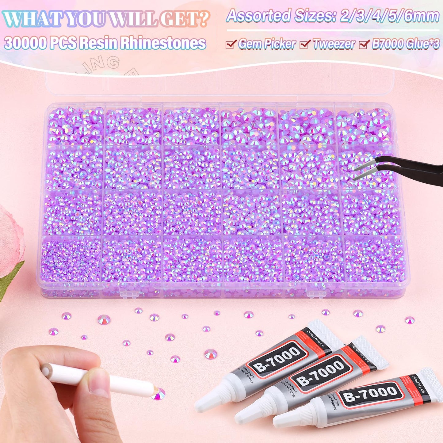 30000Pcs Resin Lavender Purple AB Rhinestones for Bedazzling Crafting with b7000 Jewelry Glue, Bulk Flatback Gems Bedazzler Kit for Crafts Clothes Fabric Nail Diamond Art, Assorted Size 2/3/4/5/6mm