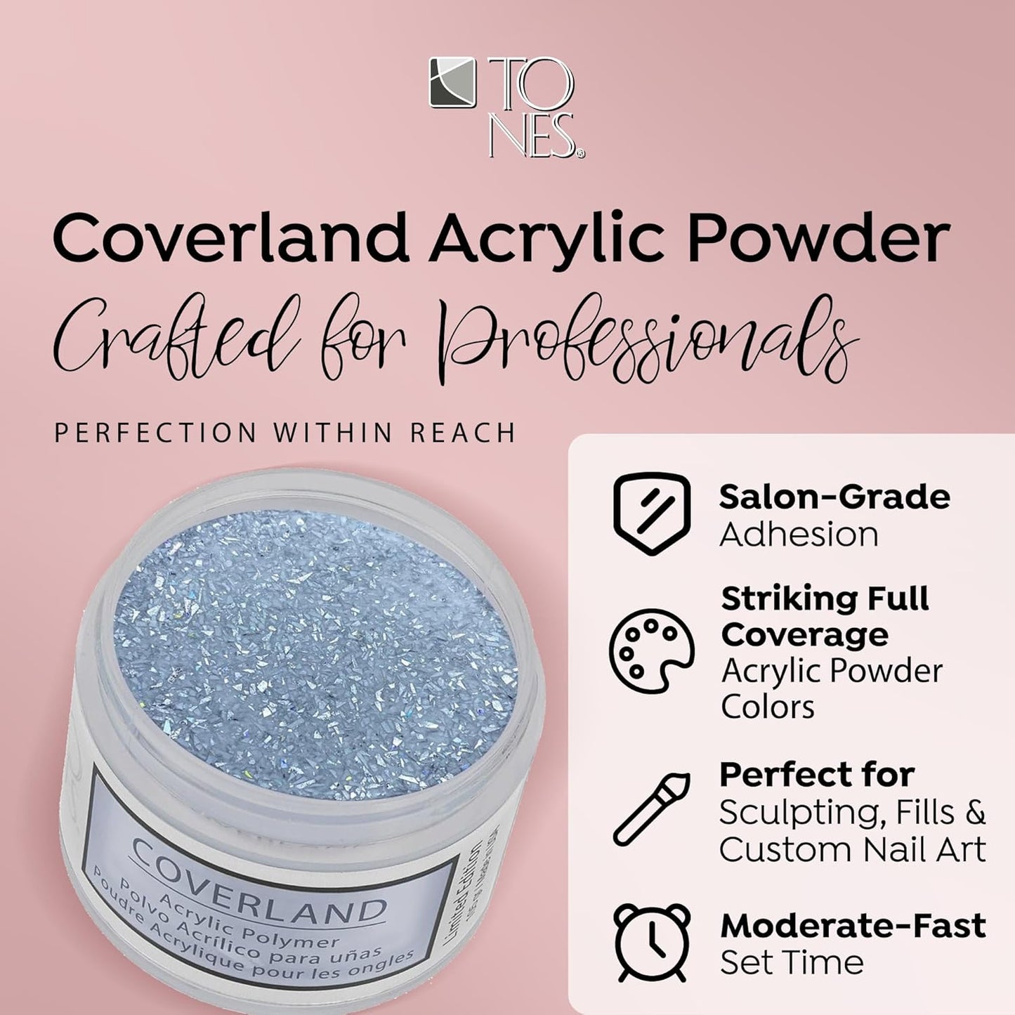 Tones Coverland Acrylic Nail Powder "Crushed Silver" - Limited Edition Acrylic Powder for Nail Design, Sculpting, and Masking Nail Bed Imperfections - Professional Acrylic Nail Supplies - (1.5 Oz)
