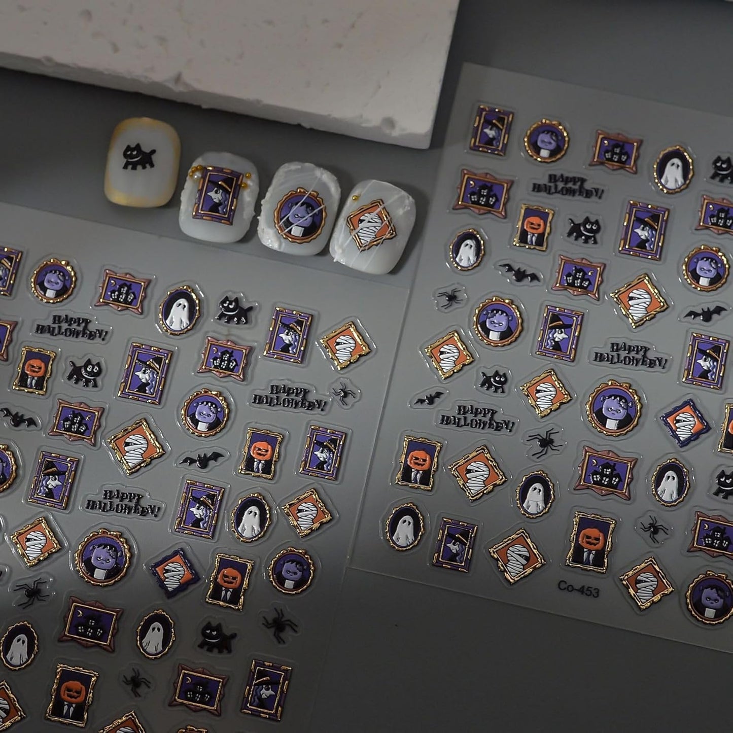 Halloween Nails Stickers Ghost with Frame Nails Sticker 3D Embossed Purple Mummy Self Adhesive Sticker Nail Decals Black Bat Nail Art Decal Halloween Decals for Nail DIY Manicure 1Sheet