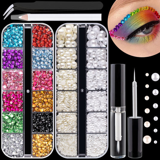 Flat Back Rhinestone+Half Round Pearl Kits Colorful Rhinestones+White&Beige Pearls with Quick Dry Makeup Glue+Picker Pencil+Tweezer for Nail Art and Face Make-up