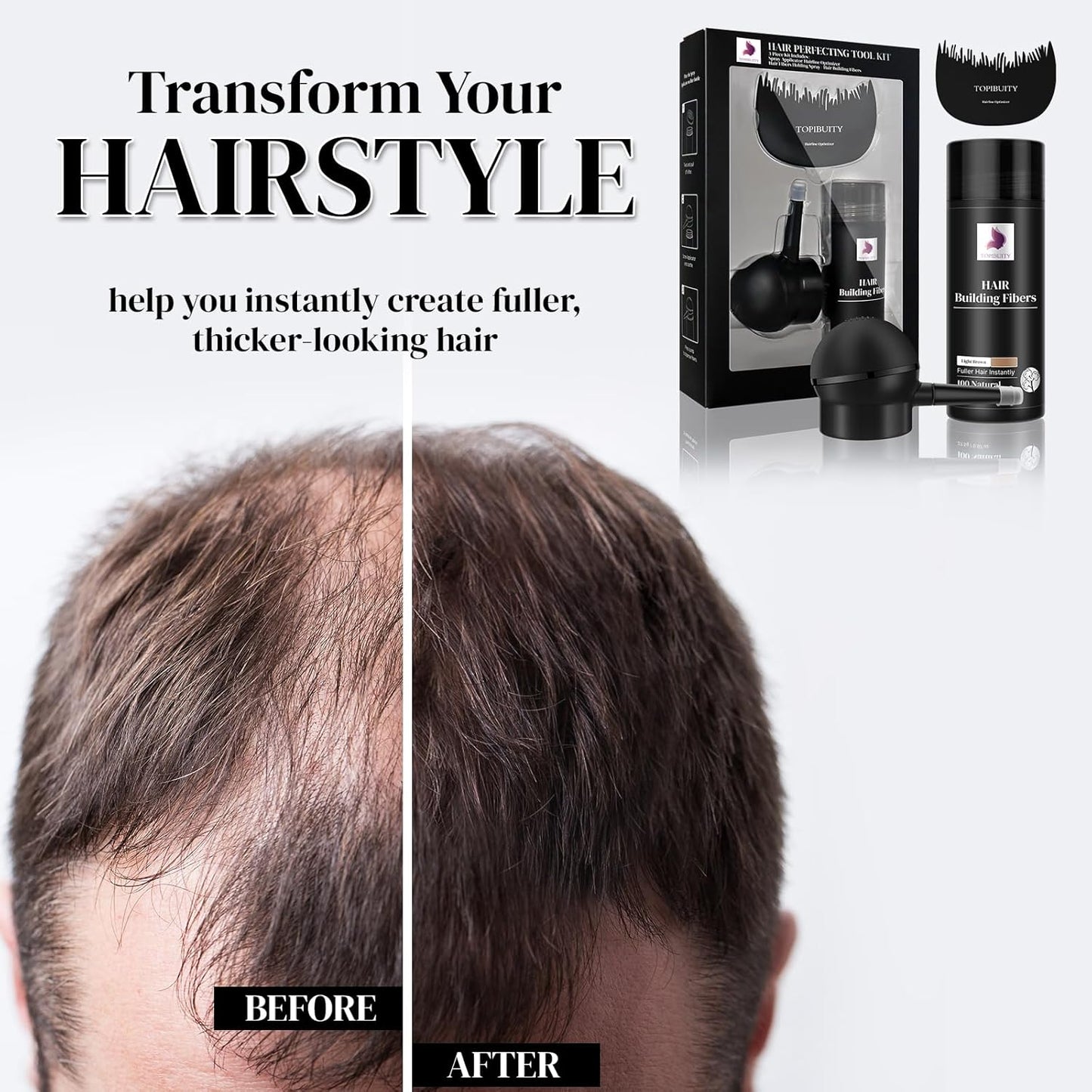 Hair Fibers & Applicator 3-in-1 Set - Natural Concealing Hair Thickening Fibers - Long-Lasting Spray with Accessory for Crisp Hairlines, Thicker Beard & Styling (light brown)