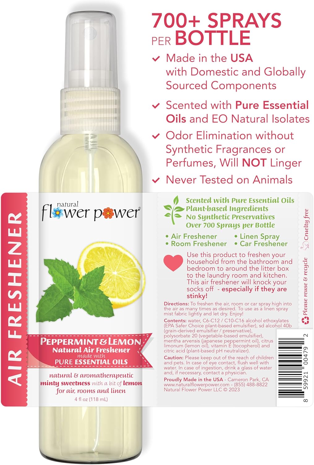 Air Freshener Spray - Odor Eliminator with Essential Oils for the Home, Car & Fabric - Cruelty Free & Vegan - Lavender + Peppermint & Lemon - 2 x 4 oz