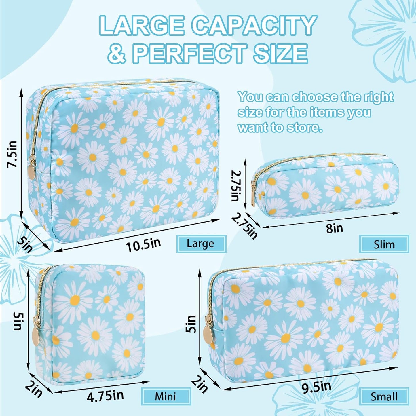 Waterproof Small Floral Pencil Case Makeup Bag for Purse,Cute Flower Pencil Pouch Preppy Nylon Makeup Brush Holder with Zipper,Girls Portable Storage Case Small Pen Bag for Work(Slim Blue-Daisy)