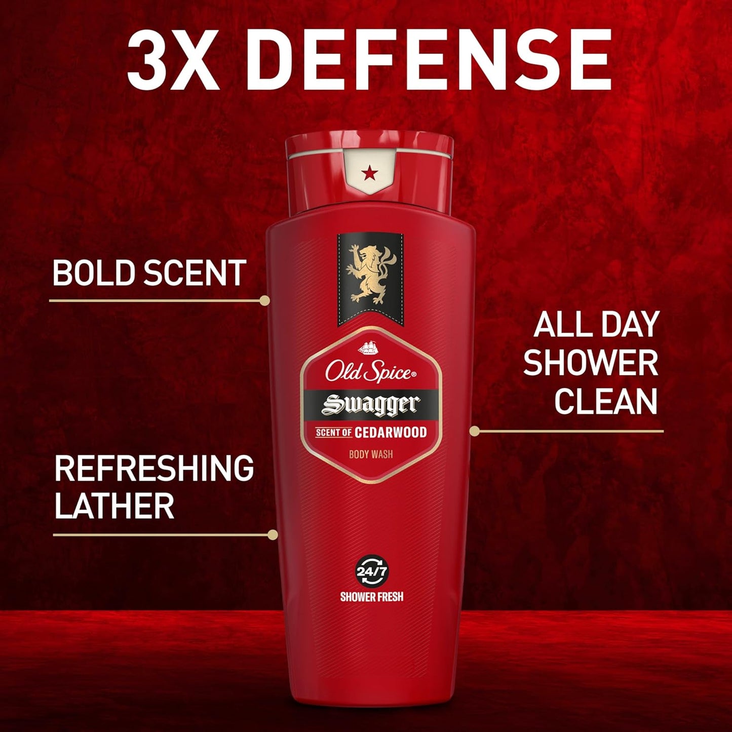 Old Spice Refreshing Body Wash for Men, 3X Defense, 24/7 Shower Fresh with Long Lasting Scent, Red Collection, Swagger with Cedarwood Scent, 16 oz (Pack of 4)