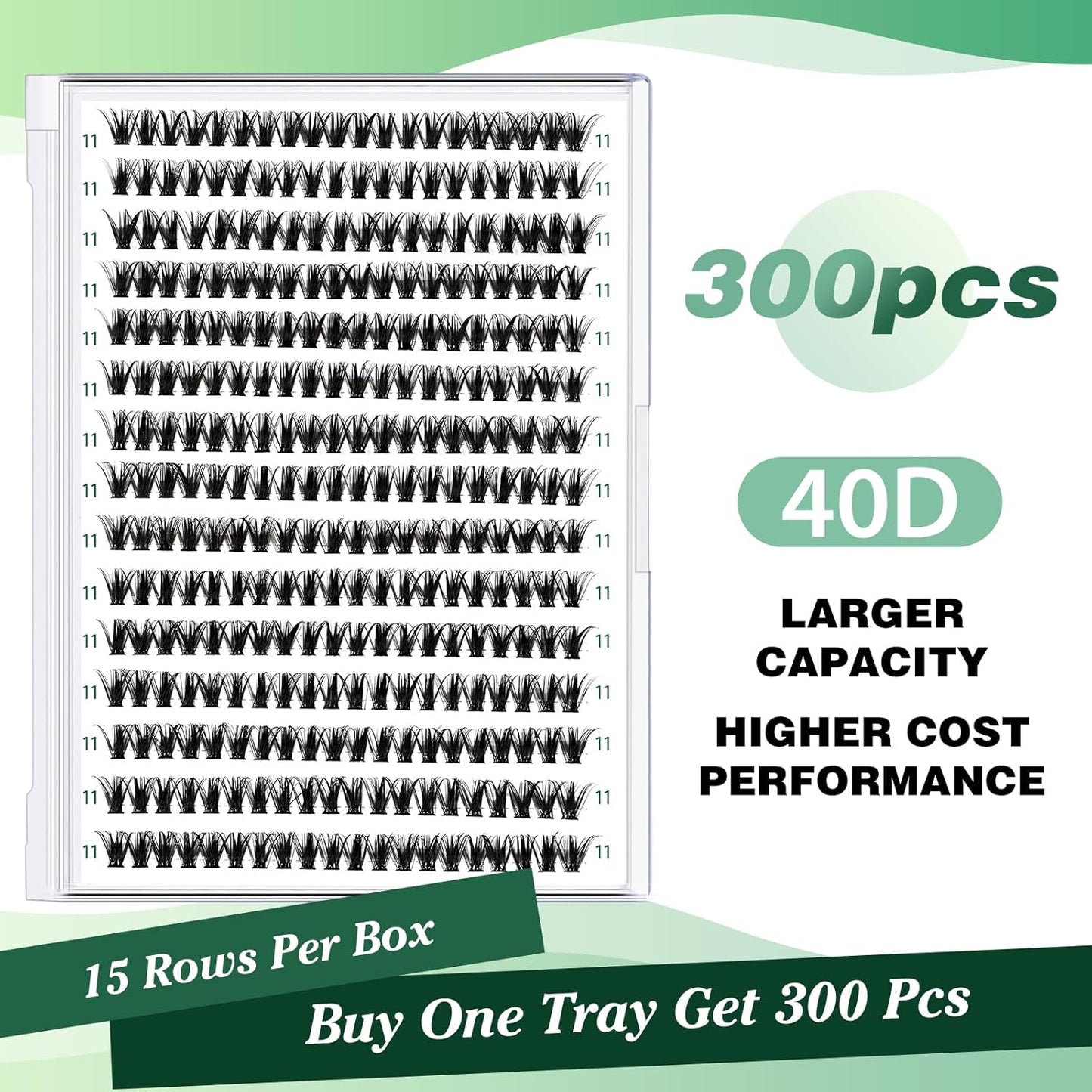 Lash Clusters 300pcs Individual Lashes 40D 0.07D Curl 12mm DIY Eyelash Extension KEYYOU Large Tray Volume Soft&Natural Eyelash Clusters(40D-0.07D,12）