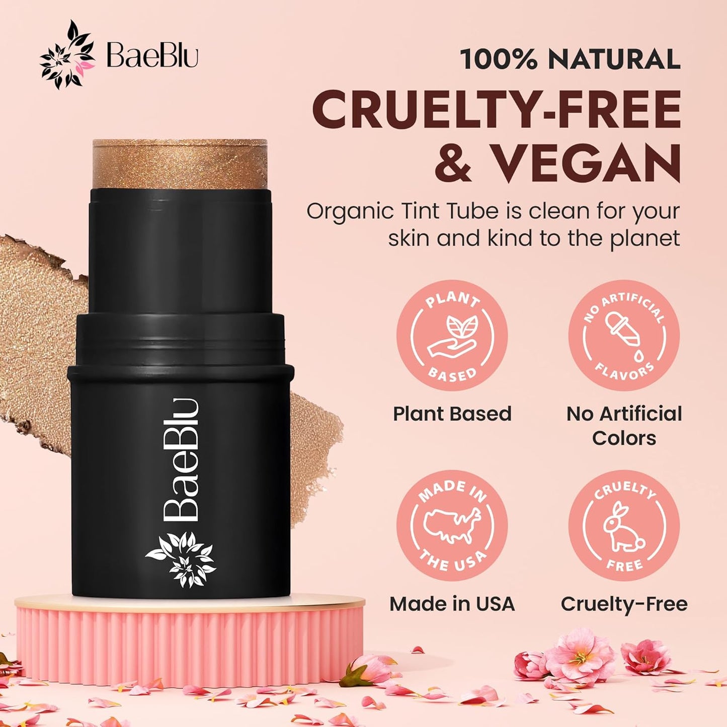 Organic Blush Tube, Brandy - 100% Natural Vegan Cream Blush Sticks, Multi-Use Bronzer, & Highlighter for Lips, Cheeks & Eyes, Buildable Shimmer, Gluten-Free, Paraben-Free, Made in USA
