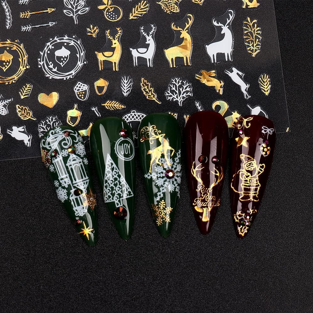 9 Sheets Christmas Nail Art Stickers Decals Self-Adhesive Pegatinas Uñas Gold White Nail Supplies Nail Art Design Decoration Accessories