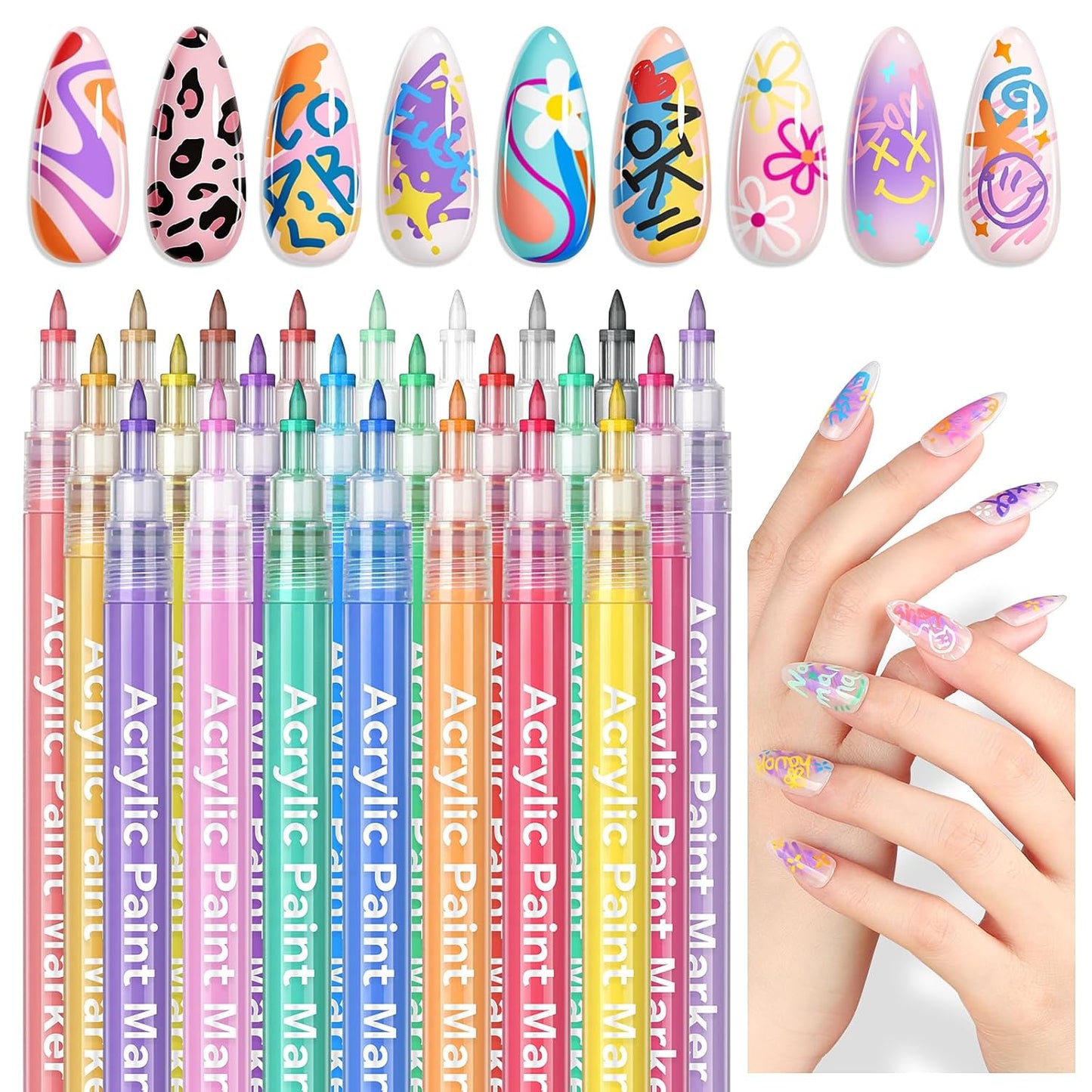 SAVILAND Essentials Nail Art Pens Set: 24 Colors Spring Summer 3D 0.7MM Quick Dry Nail Polish Pens for Nail Art Design Acrylic Paint Makers Drawing Point Liner Pen Dotting Tools Brush Home Salon DIY