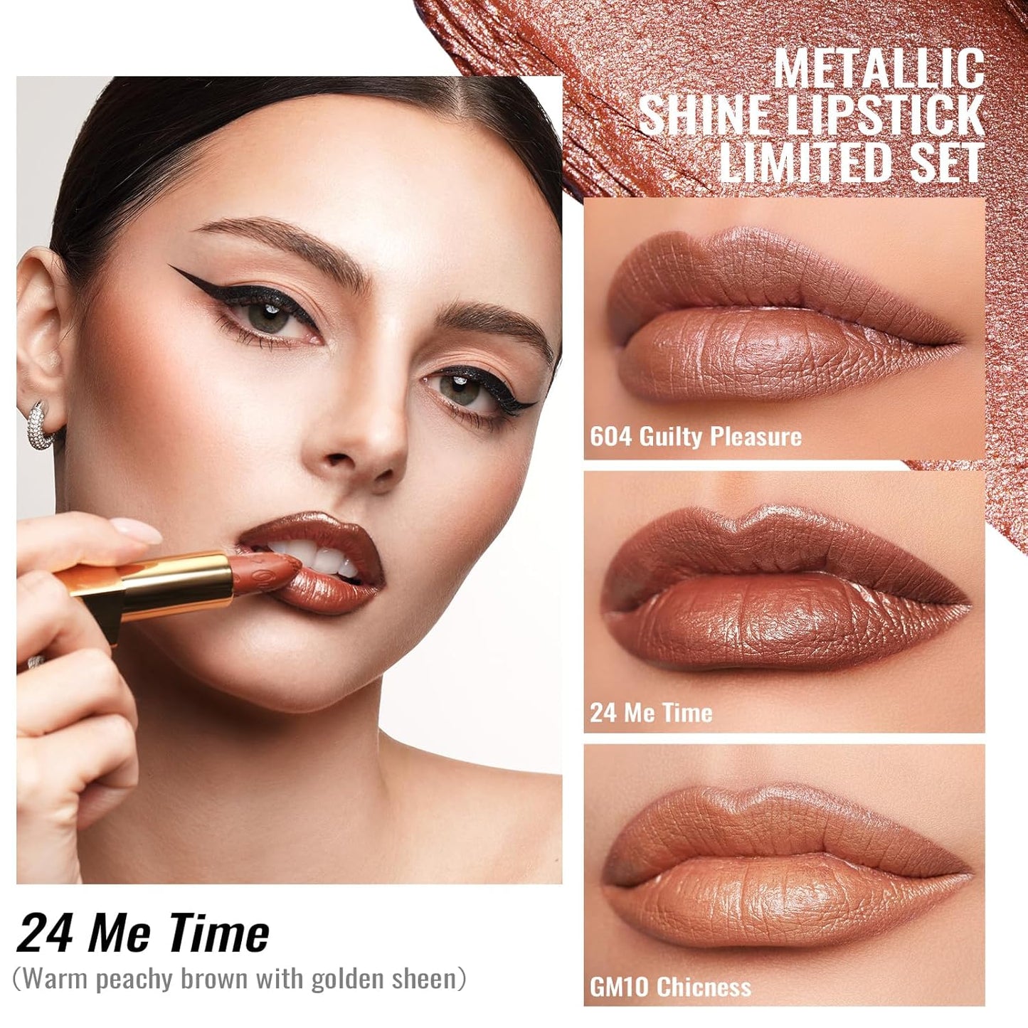 Oulac Metallic Brown Lipstick Set 3PCS, Comfortable Creamy Texture, Smooth No Grainy Feeling, Vegan & Gluten Free, Full-Coverage Lip Makeup, 3 X 4.3 g, 604+24+GM10