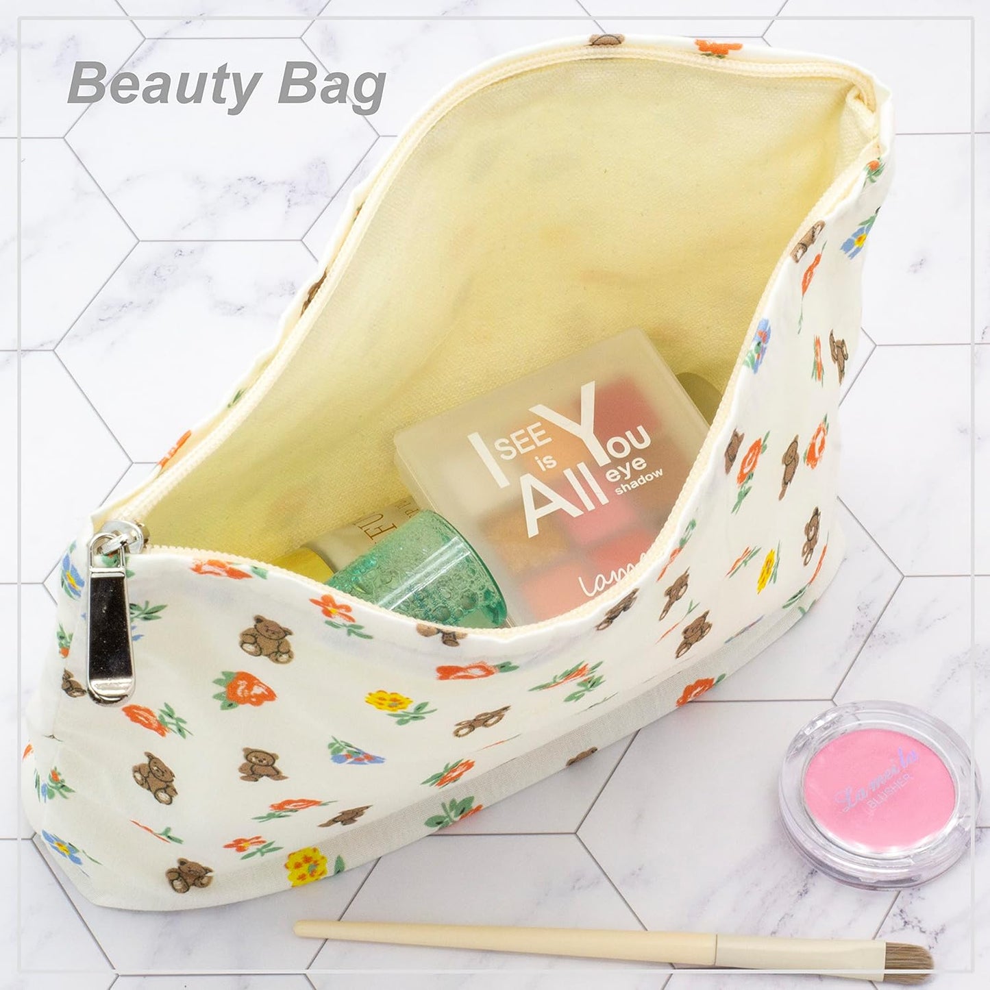 PAZIMIIK Floral Makeup Bag Large Cotton Zipper Pouch for Purse Travel Canvas Make Up Organizer for Women Cosmetic,Flower Bear White