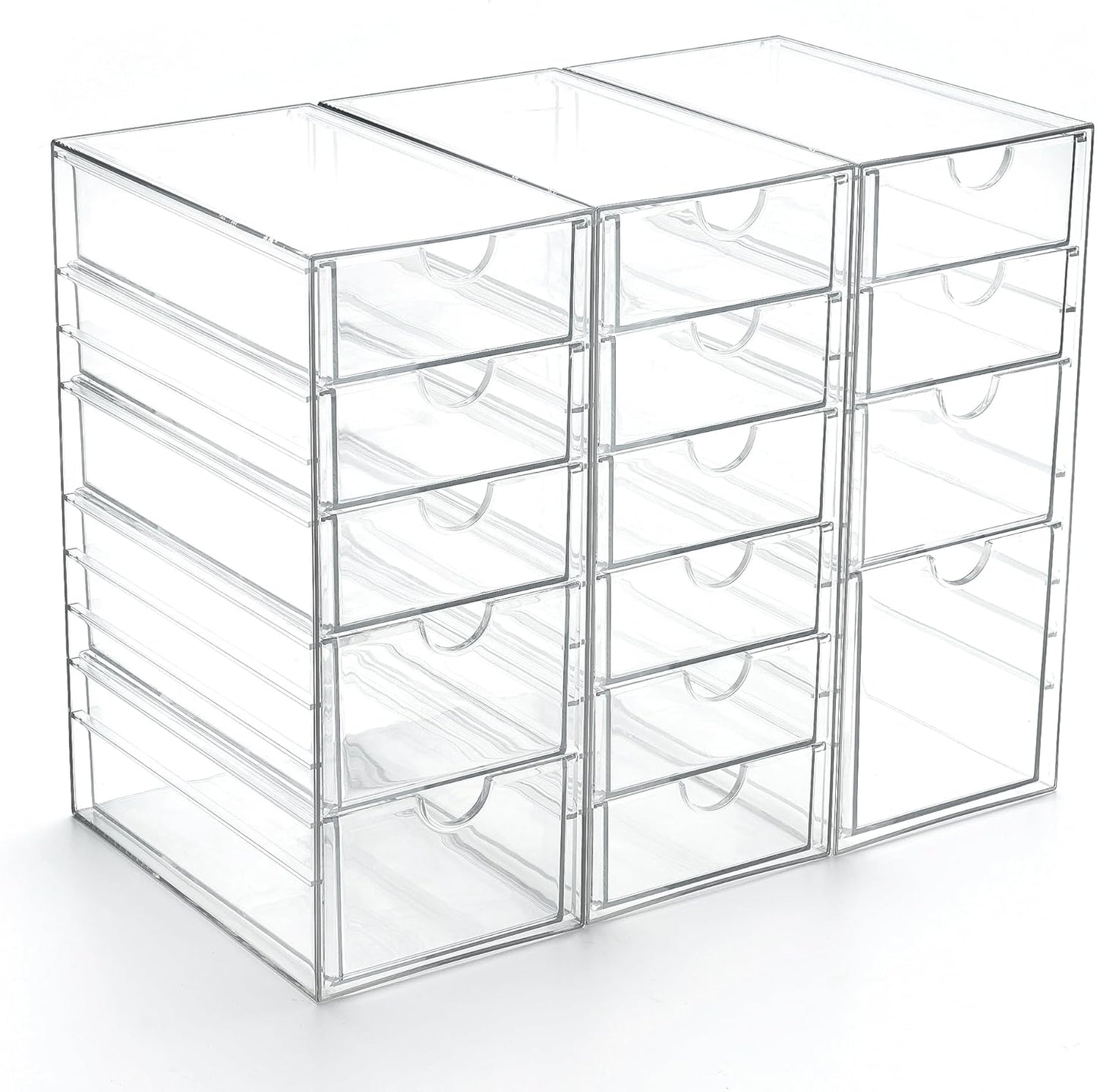 Prsildan Acrylic Drawer Organizer with 15 Drawers, Makeup Craft Office Desk Organizers Accessories, Set of 3 Clear Stackable Storage Drawers for Vanity, Countertop, Jewelry, Art Supply Organization
