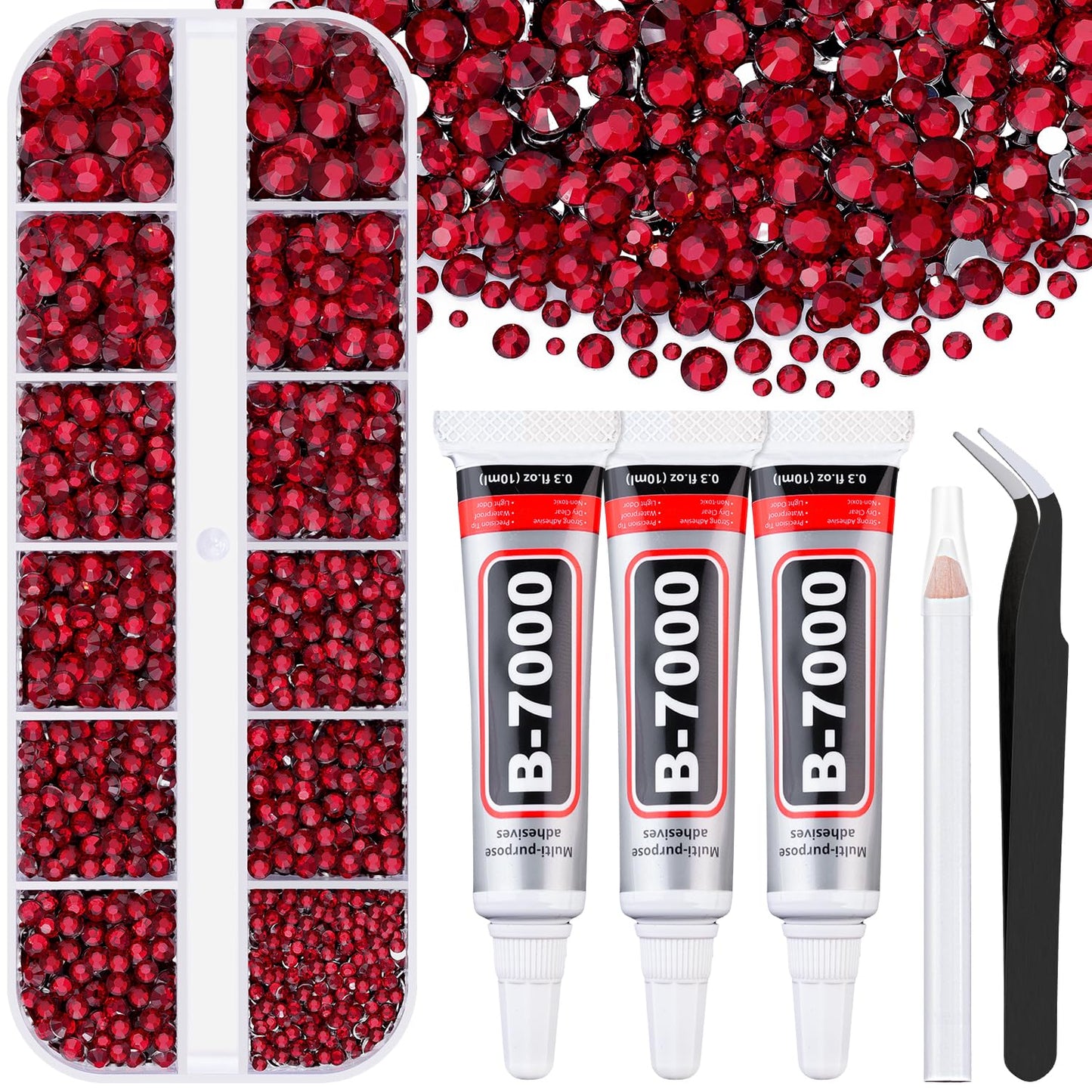 6000Pcs Resin Rhinestones for Bedazzling with 3Pcs B7000 Jewelry Glue, 1 Box Dark Red Flatback Rhinestones for Crafting Crafts DIY, Crystals Gems for Clothing Shoes Tumblers Nail Art Makeup