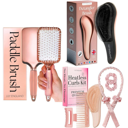 Rose Gold Hair Brush Set with Detangler and Swirl Print Heatless Curling Kit – Complete Hair Care Bundle for Smooth Styling and Effortless Heat-Free Curls