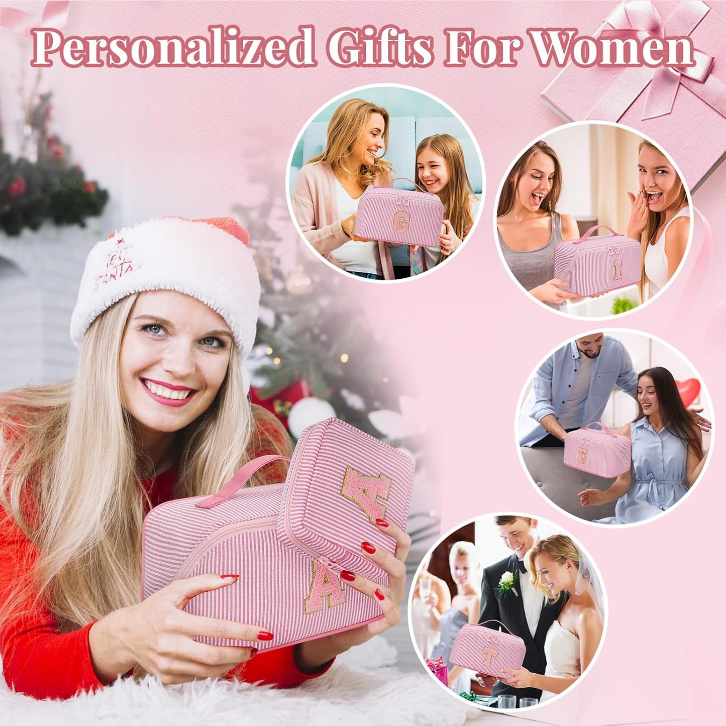 Travel Makeup Bag for Women, 2Pcs Portable Personalized Initial Makeup Organizer Bag, Open Flat Large Cosmetic Bag With Travel Essential Pouch (Pink Letter L)