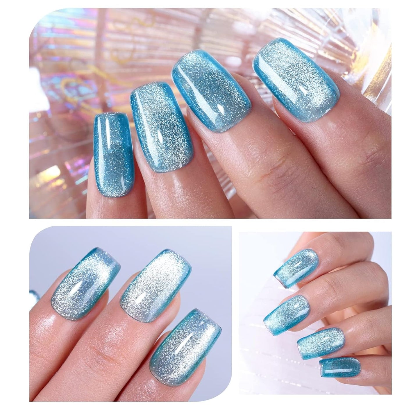 Imtiti Gloss Blue Cat Eye Gel Polish,0.5fl oz Holographic Glitter Magnetic Gel Polish with Magnetic Stick for Nail Salon DIY