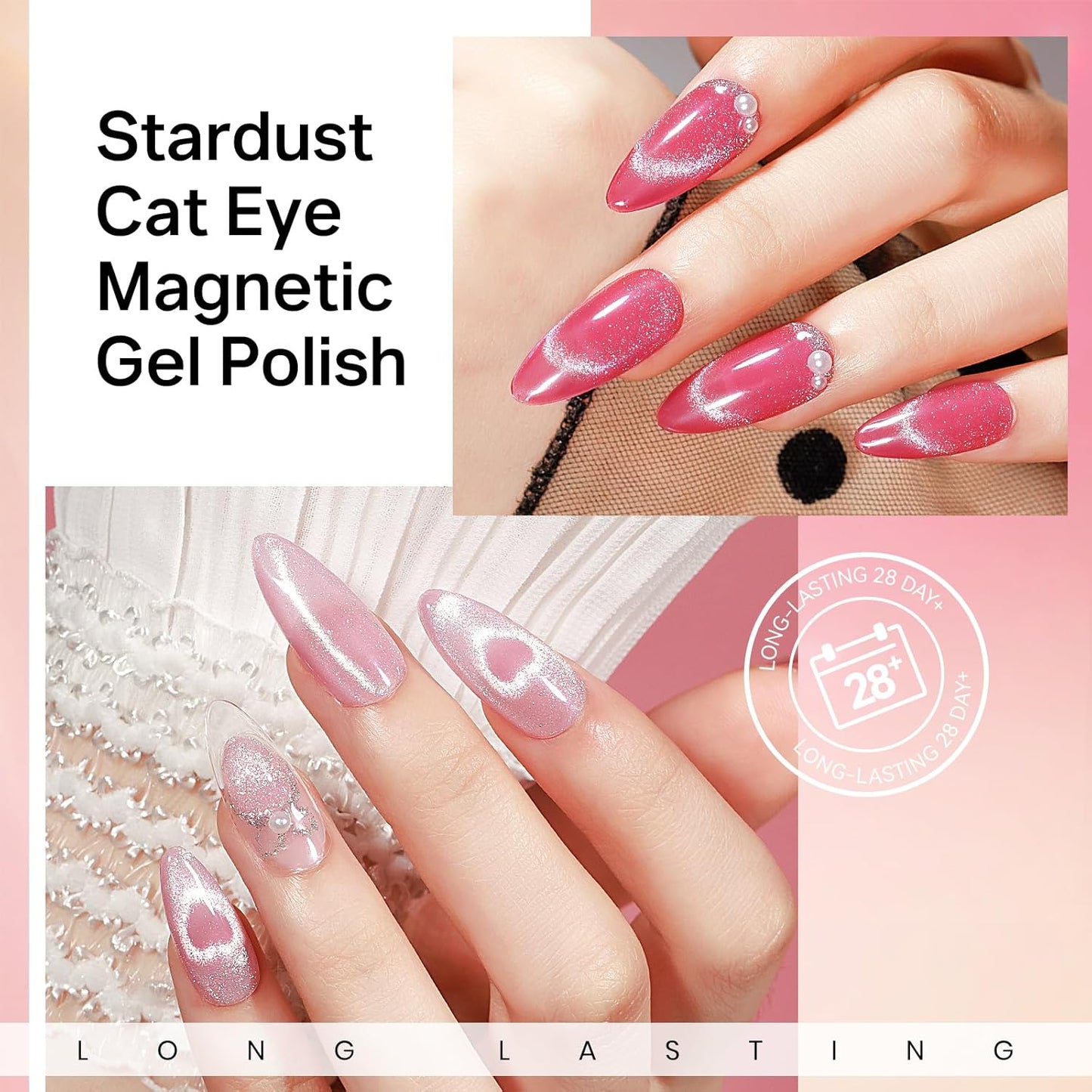 MIZHSE Cat Eye Gel Nail Polish, Neon Pink Magnetic Gel Polish Set with Magnet Stick, Crystal Smoothie Nude Hot Pink Cateye Effect Soak Off Nail Art Gift for Ladies