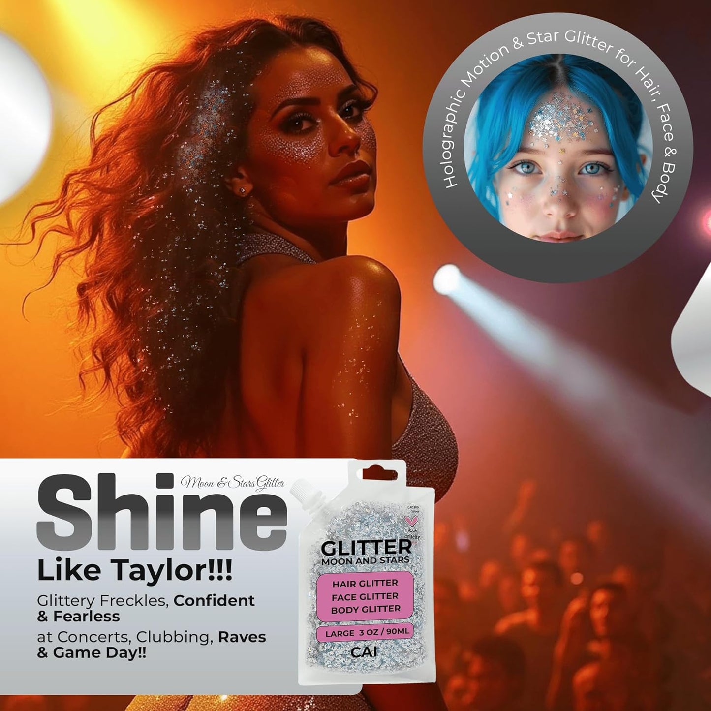 Face, Body & Hair Glitter Gel – Halloween Glitter for Kids and Women – 3 Oz Cosmetic-Grade Gel w/Moon & Stars for Festivals & Halloween Party, Easy Apply & Wash Off - Rose 2Pack