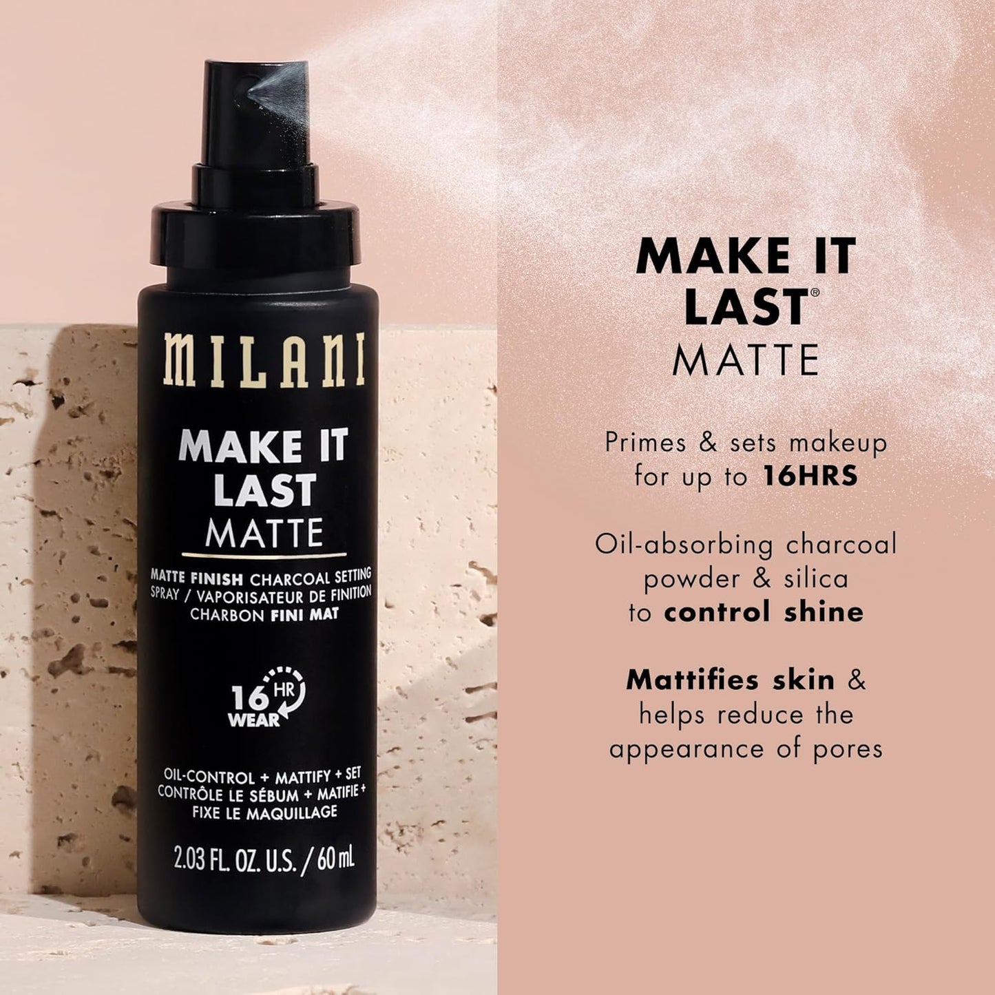 Milani Setting Spray + Primer, Make It Last Matte- Oil Absorbing Charcoal Formula to Control Shine, Matte Finish Setting Spray for Makeup and Primer for Oily Skin, Prime +Correct + Set - 2 Pack