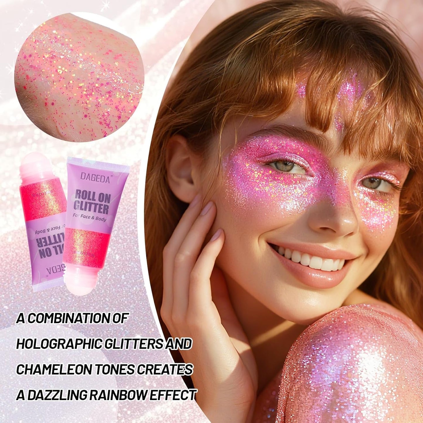 DAGEDA Roll-on Body Glitter,Holographic Eye Face Hair Glitter Gel for Festival Outfit Mermaid Accessories,Chameleon Color Body Shimmer Makeup Rave Outfits Accessories for Women 50ml (Pink)