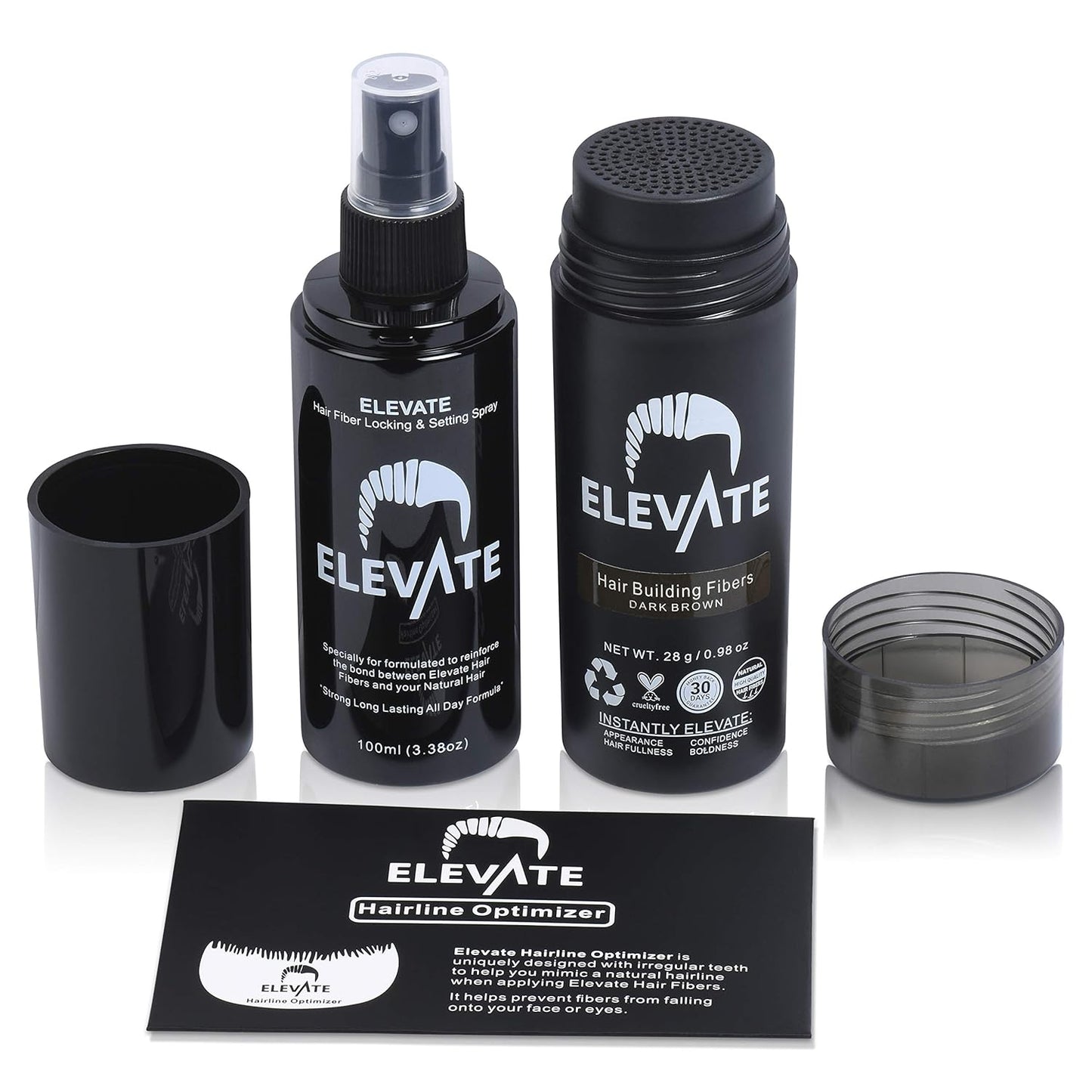Elevate Hair Building Fibers 3-in-1 Kit for Thinning Hair (Dark Brown) Keratin Hair Thickening Powder with Fiber Lock Spray & Hairline Optimizer Comb - Instant Concealer Applicator for Men & Women