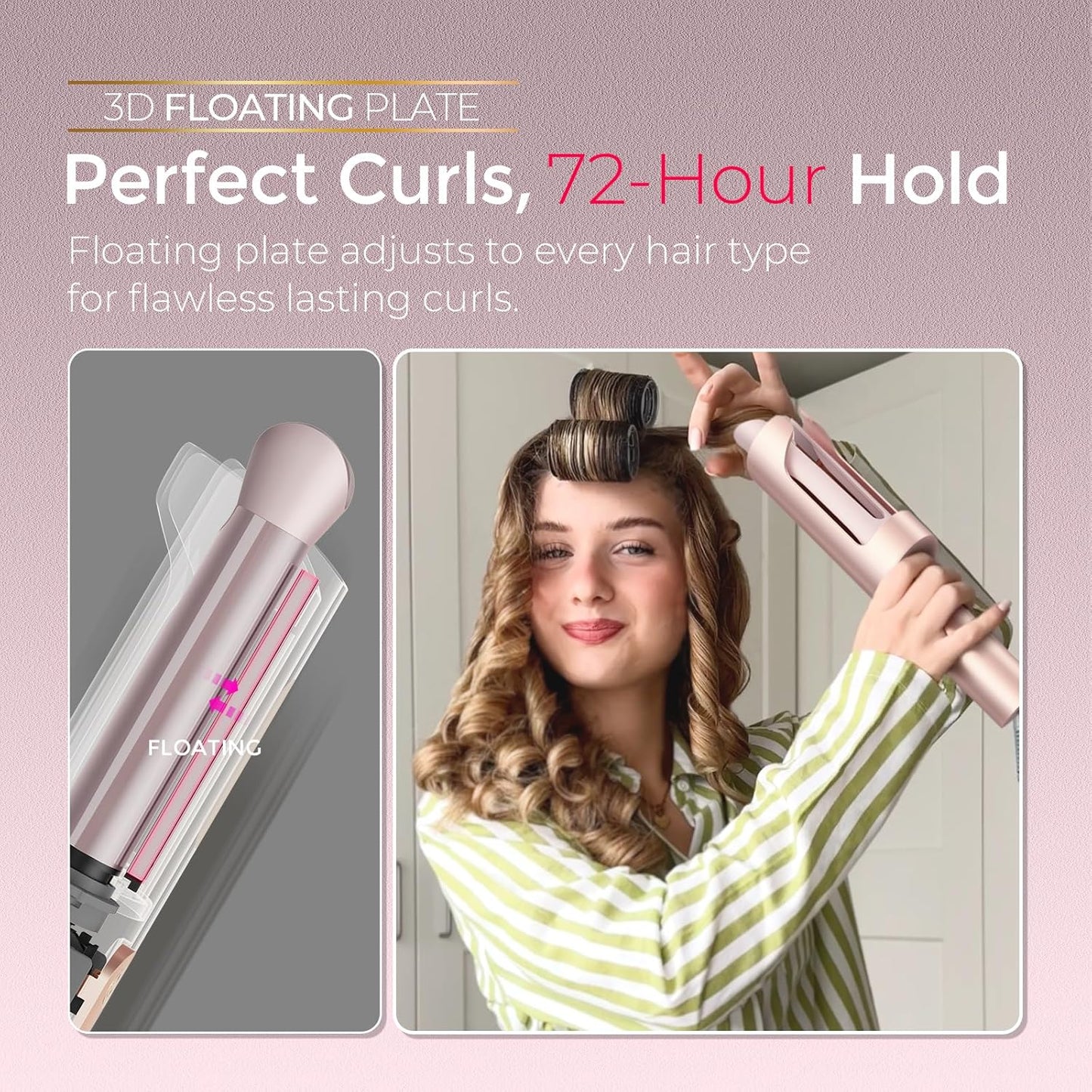 Upgraded Automatic Rotating Curling Iron - TYMO CurlPro Plus Long Barrel Curling Wand for Long Hair, Ceramic Hair Curler for Women, Anti-Scald, Tangle-Free, 600M Ionic, Dual Voltage,Gold Blush, 1 Inch