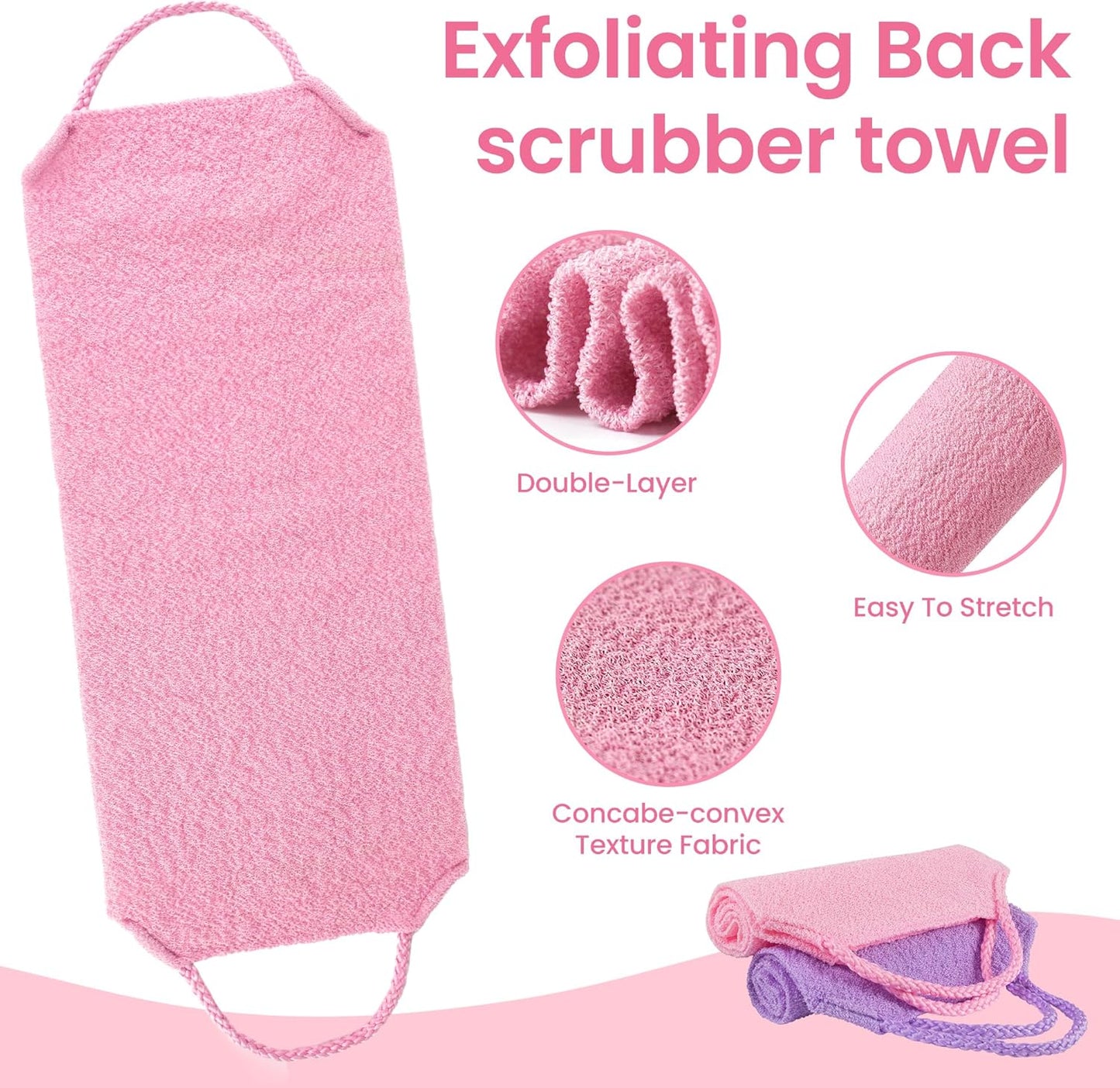 3 Pcs Double-Sided Back Exfoliator Body Scrub Towel, Exfoliating Back Scrubber with Handles,Exfoliating Washcloth Bath Tool in Shower, Stretchable Back Washer to Deep Cleans Skin (Pink)