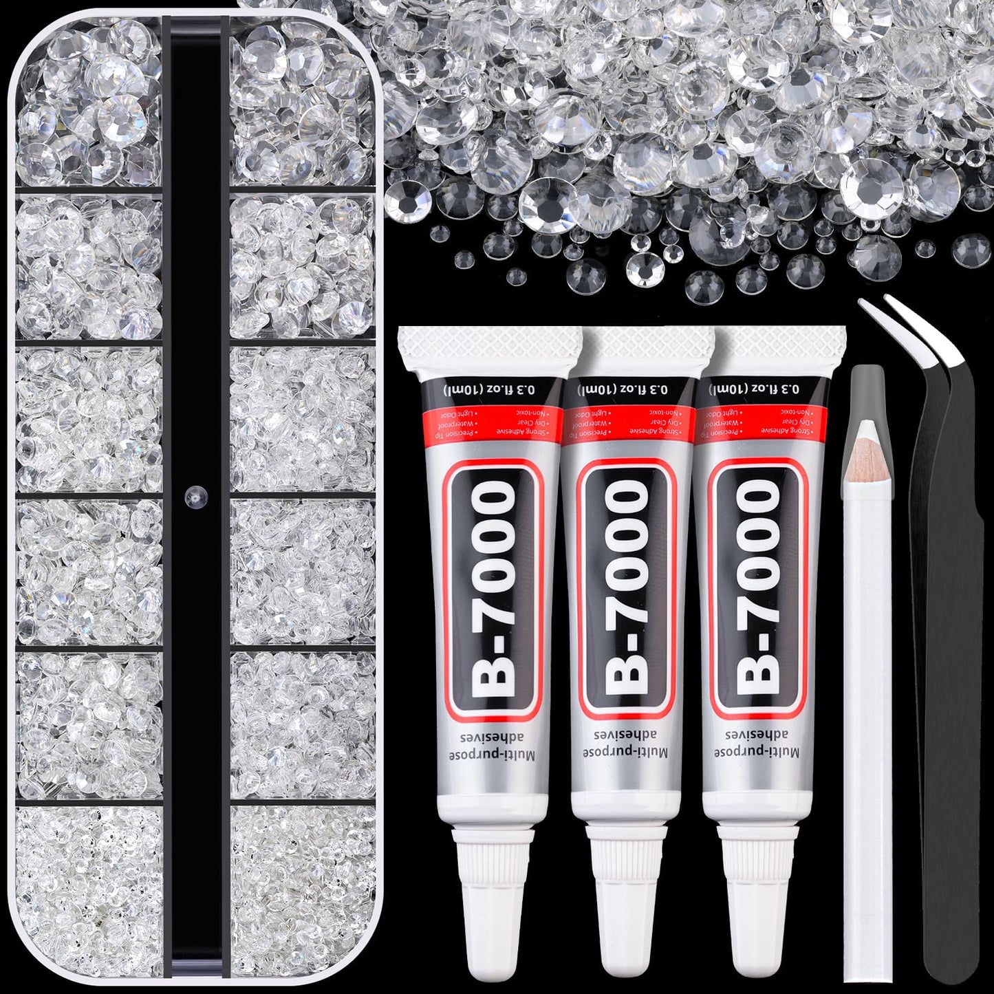 Resin Rhinestones for Crafting with B7000 Jewelry Glue, 1 Box Transparent Flatback Crystals with 3Pcs 10ml Glue for Bedazzling Crafts DIY Nail Art Makeup，Non Hotfix Gems for Clothing Shoes